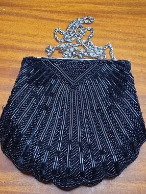 Elegant Black Beaded Evening Bag with Silver Chain